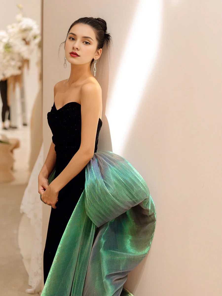 Vestido de fiesta largo de terciopelo negro con hombros descubiertos y mangas, estilo sirena sexy